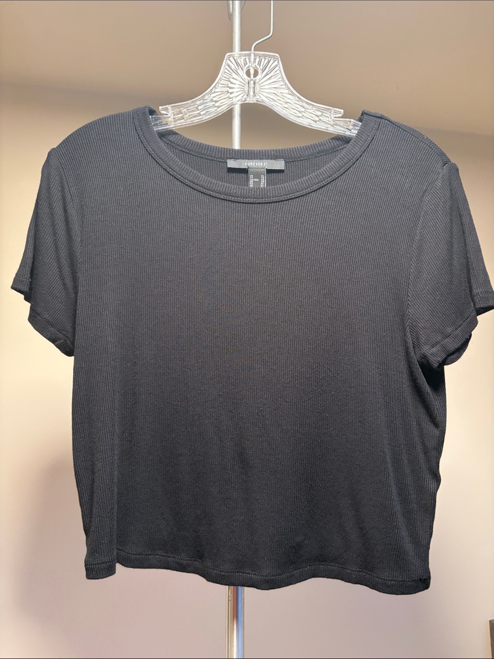Forever 21 Black Ribbed Short Sleeve Crop Top Baby Tee - Size XL